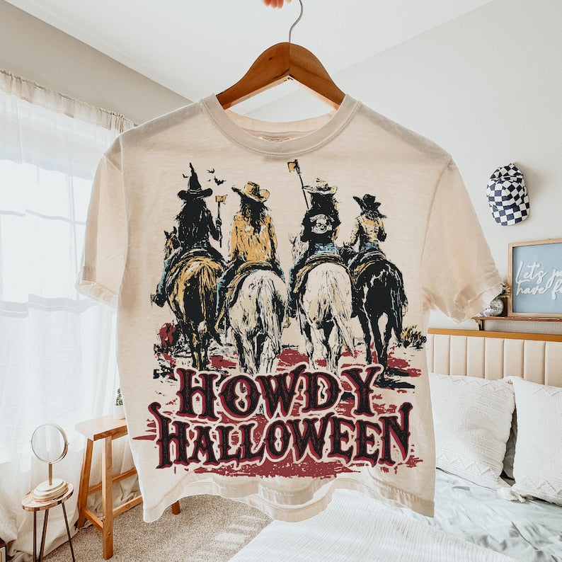 Howdy Halloween, Cowgirl Riding, Funny Cowgirl Halloween Shirt, T-Shirt
