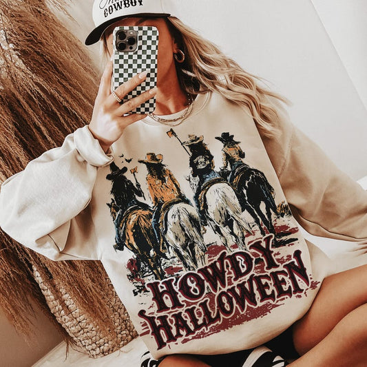 Howdy Halloween, Cowgirl Riding, Funny Cowgirl Halloween Shirt, Sweatshirt