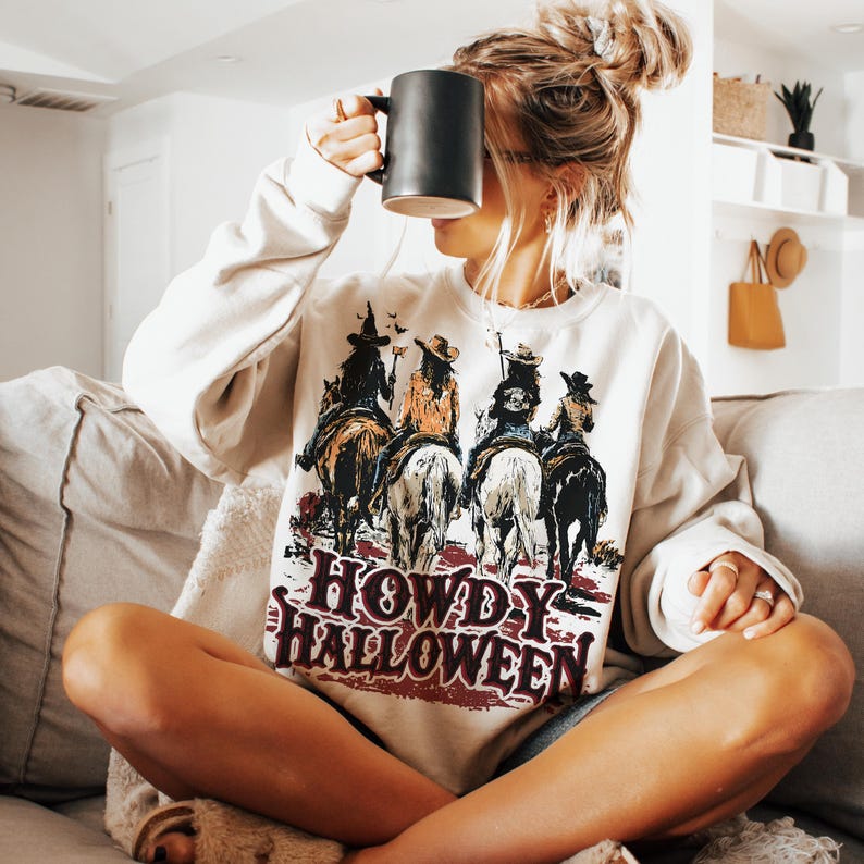 Howdy Halloween, Cowgirl Riding, Funny Cowgirl Halloween Shirt, Sweatshirt