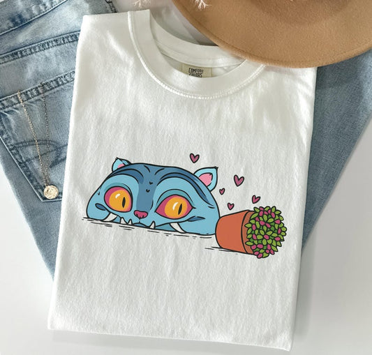 Blue Cat Anime T-Shirt, Kawaii Demon Cat Tee, Cute Hunter Merch Shirt, Anime Graphic Tee, Otaku Clothing, Anime Lover Gift, Kpop Style