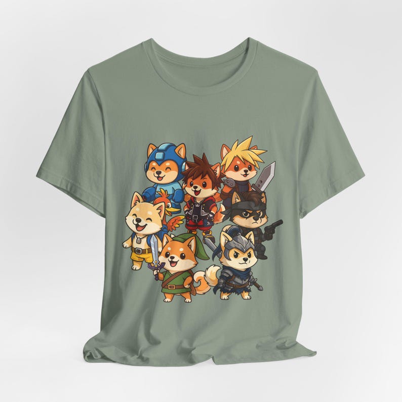 Chibi Shiba Inu Gamer Shirt, Pawty Up! Tee Featuring Link, Cloud, Mega Man, Funny Cosplay Dog Shirt, Geeky Gift for Gamers, Dog Lovers