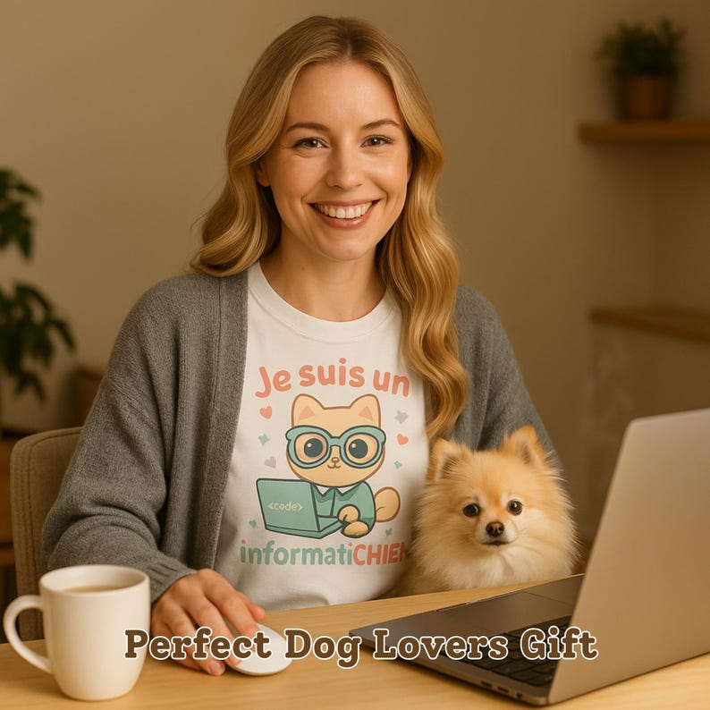 Kawaii chibi dog 'Je suis un informatiCHIEN' Shirt – Cute Programmer Dog T-Shirt –French Pun Shirt for Tech Lovers & Dog Parents–Unisex Tee