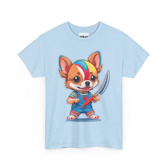 Chibi Chihuahua Dog with Knife Cute but Creepy Cartoon Style Funny Pet Art T-Shirt for Dog Lovers Horror Fans and Unique Streetwear