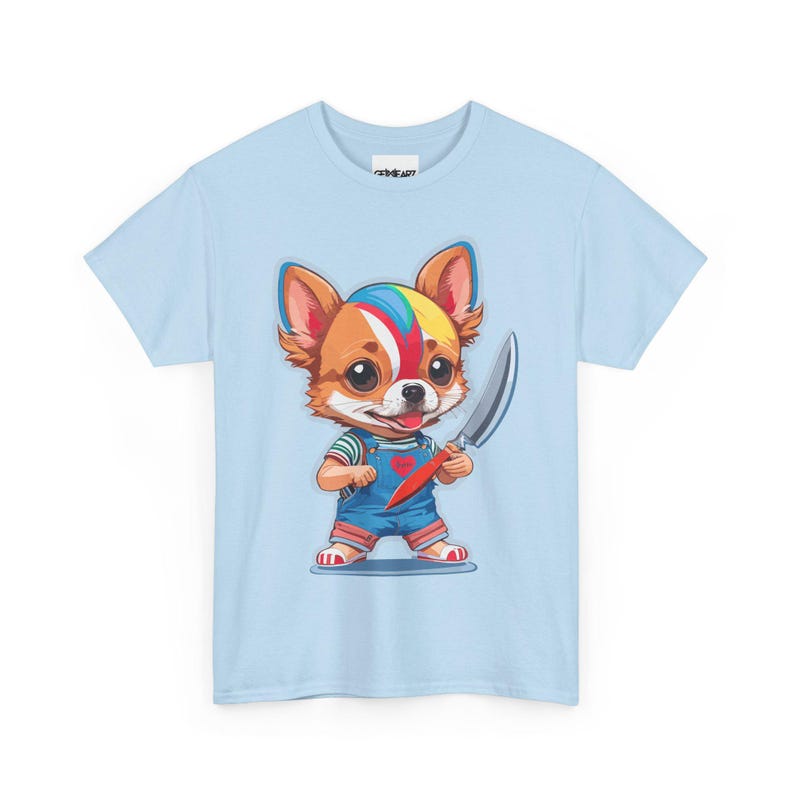 Chibi Chihuahua Dog with Knife Cute but Creepy Cartoon Style Funny Pet Art T-Shirt for Dog Lovers Horror Fans and Unique Streetwear