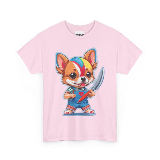 Chibi Chihuahua Dog with Knife Cute but Creepy Cartoon Style Funny Pet Art T-Shirt for Dog Lovers Horror Fans and Unique Streetwear