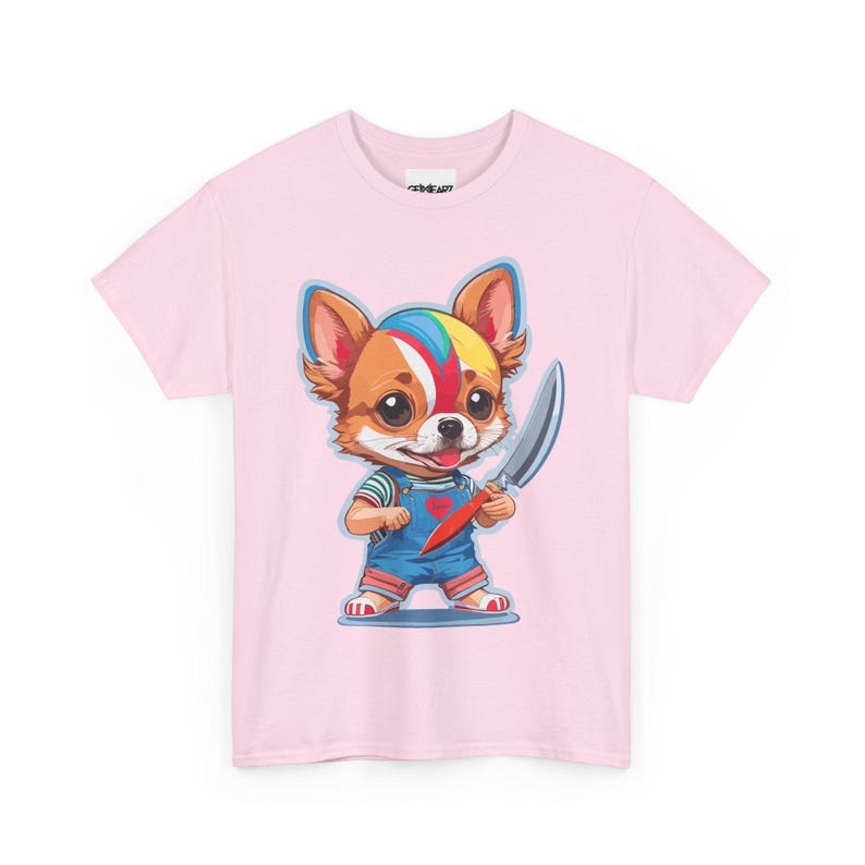 Chibi Chihuahua Dog with Knife Cute but Creepy Cartoon Style Funny Pet Art T-Shirt for Dog Lovers Horror Fans and Unique Streetwear