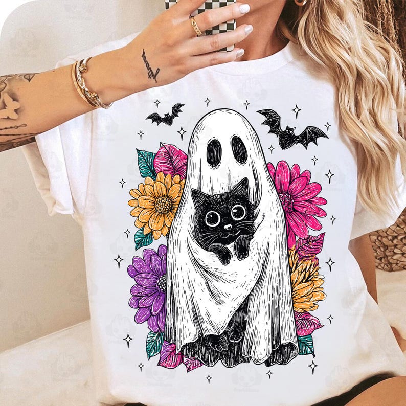 Retro Halloween Ghost And Cat, Spooky Ghost, Preppy Floral Halloween Shirt, T-Shirt