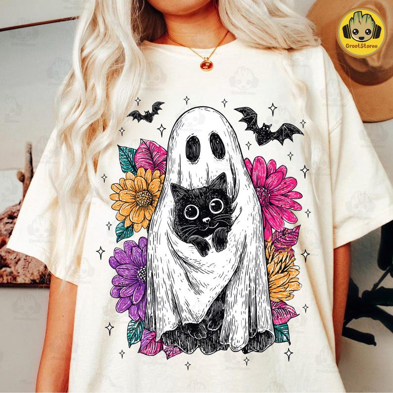 Retro Halloween Ghost And Cat, Spooky Ghost, Preppy Floral Halloween Shirt, T-Shirt