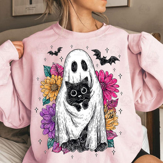 Retro Halloween Ghost And Cat, Spooky Ghost, Preppy Floral Halloween Shirt, Sweatshirt