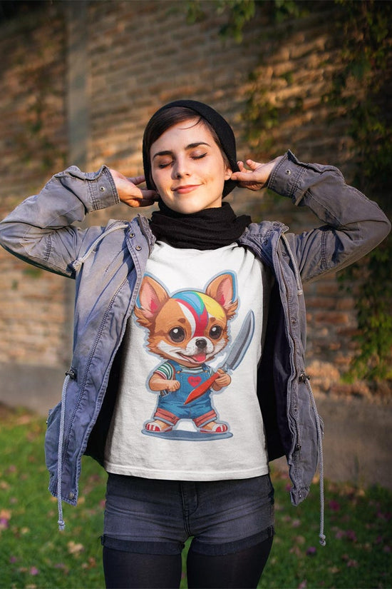 Chibi Chihuahua Dog with Knife Cute but Creepy Cartoon Style Funny Pet Art T-Shirt for Dog Lovers Horror Fans and Unique Streetwear
