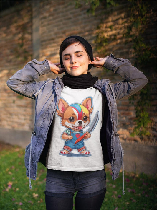 Chibi Chihuahua Dog with Knife Cute but Creepy Cartoon Style Funny Pet Art T-Shirt for Dog Lovers Horror Fans and Unique Streetwear