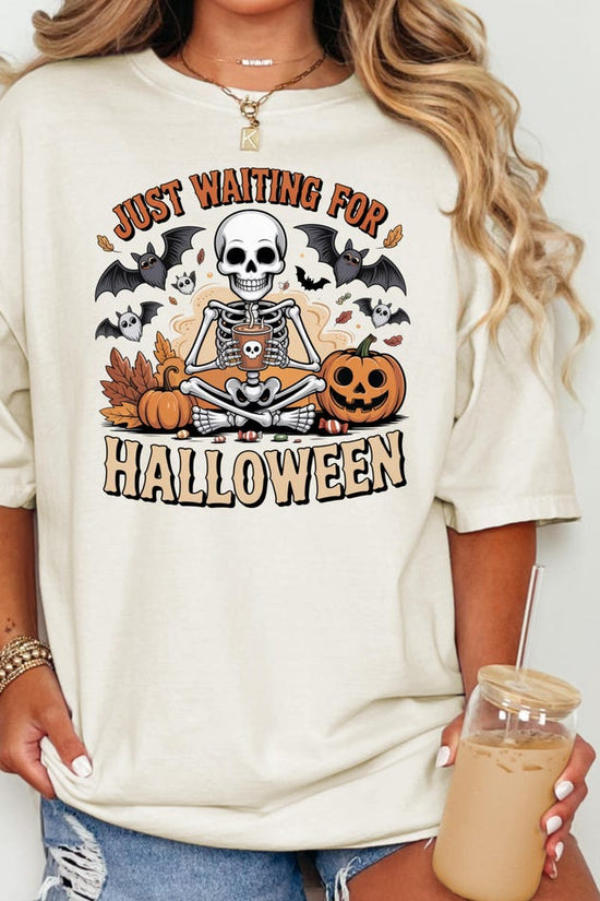 Just Waiting for Halloween Shirt, Funny Skeleton Pumpkin Shirt, Spooky Fall Graphic Shirt, Retro Halloween T-Shirt for Her.