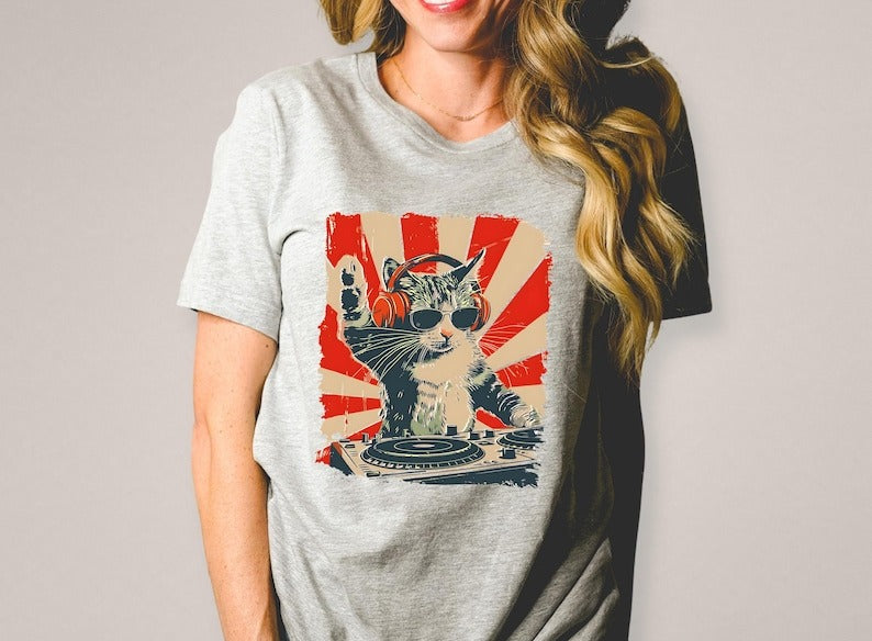 Cool DJ Cat T-shirt, Funny Cat With Headphones Shirt, Stylish Cat Lovers Gift, DJ Cat Kitty Sweatshirt, Trendy Cat Graphic Shirt