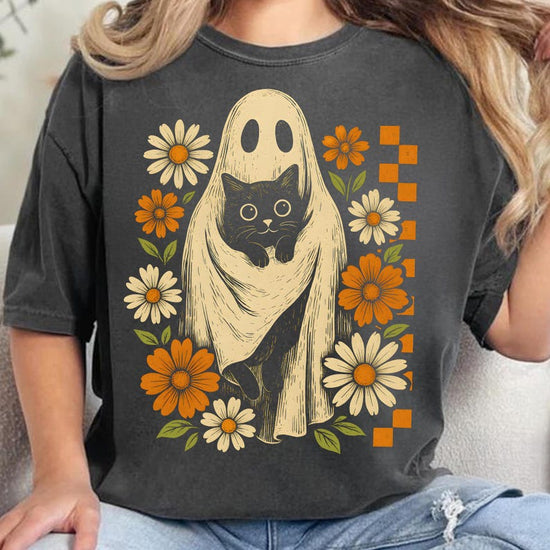 Retro Halloween Ghost And Cat, Spooky Ghost, Boo Halloween Shirt, Preppy Floral Halloween Shirt, T-Shirt