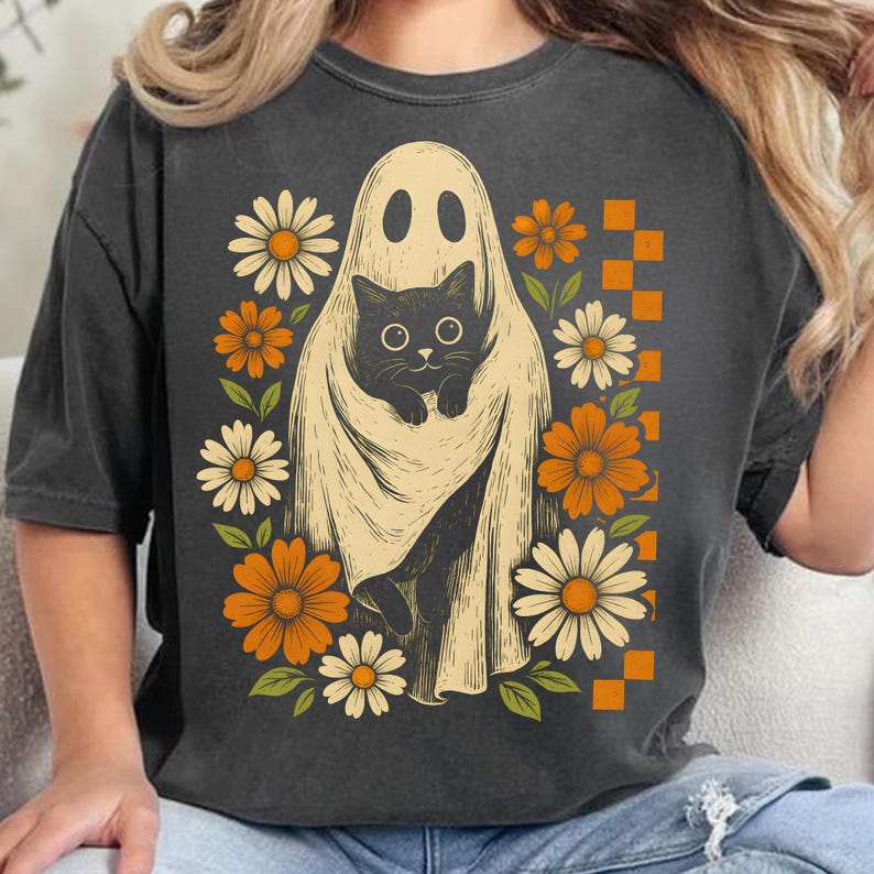 Retro Halloween Ghost And Cat, Spooky Ghost, Boo Halloween Shirt, Preppy Floral Halloween Shirt, T-Shirt