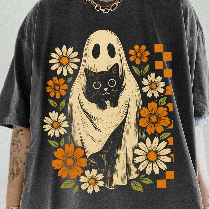 Retro Halloween Ghost And Cat, Spooky Ghost, Boo Halloween Shirt, Preppy Floral Halloween Shirt, T-Shirt