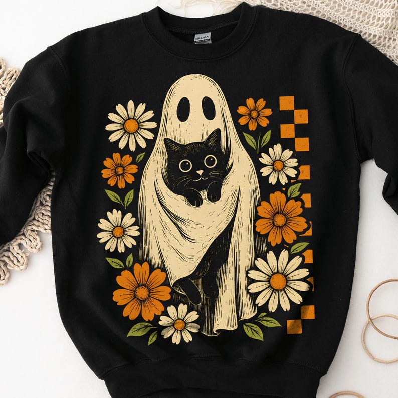 Retro Halloween Ghost And Cat, Spooky Ghost, Boo Halloween Shirt, Preppy Floral Halloween Shirt, Sweatshirt