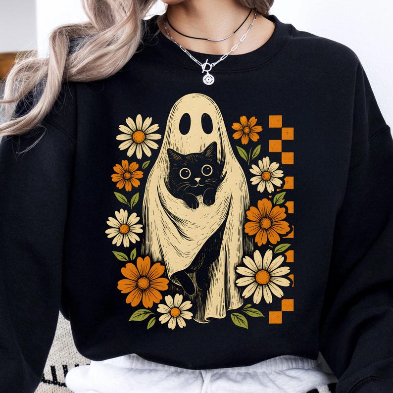 Retro Halloween Ghost And Cat, Spooky Ghost, Boo Halloween Shirt, Preppy Floral Halloween Shirt, Sweatshirt