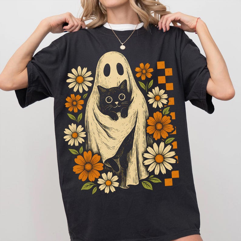 Retro Halloween Ghost And Cat, Spooky Ghost, Boo Halloween Shirt, Preppy Floral Halloween Shirt, T-Shirt