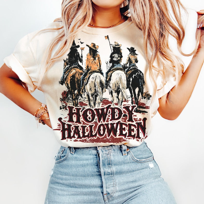 Howdy Halloween, Cowgirl Riding, Funny Cowgirl Halloween Shirt, T-Shirt