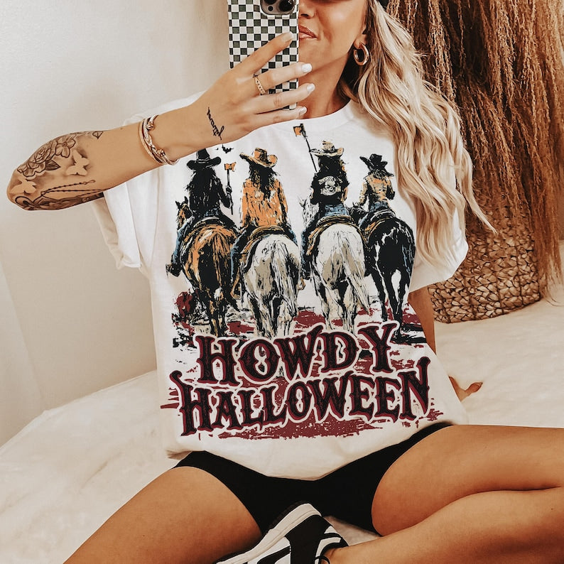 Howdy Halloween, Cowgirl Riding, Funny Cowgirl Halloween Shirt, T-Shirt