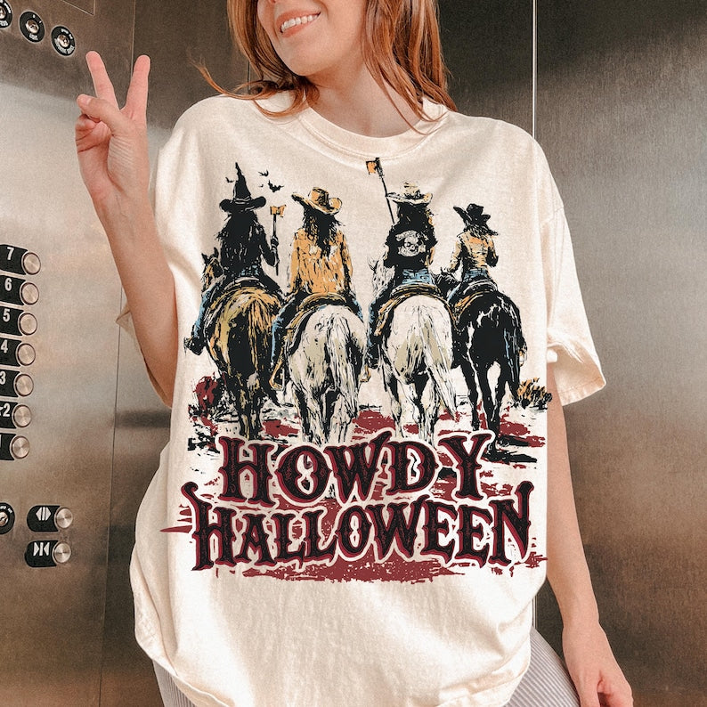 Howdy Halloween, Cowgirl Riding, Funny Cowgirl Halloween Shirt, T-Shirt