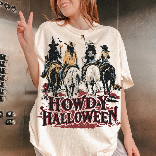 Howdy Halloween, Cowgirl Riding, Funny Cowgirl Halloween Shirt, T-Shirt