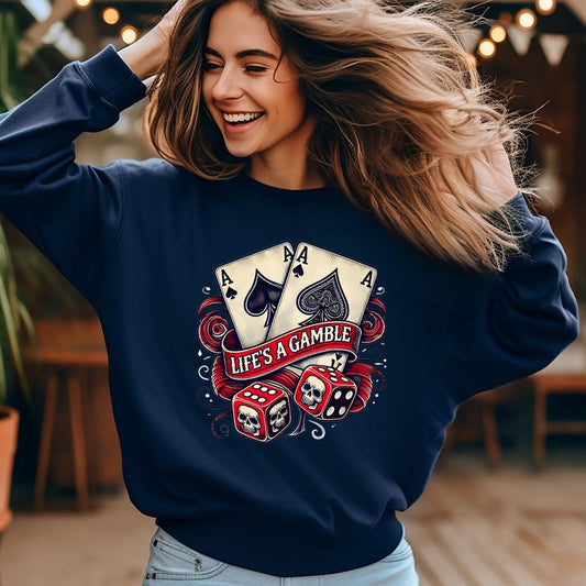 Life’s a Gamble Sweatshirt, Skull Dice Hoodie, Vintage Gambling Longsleeve, Grunge Tattoo Style Top, Poker Aces Card Player Gift
