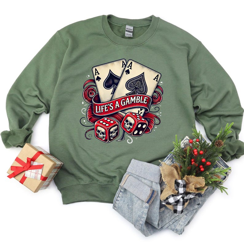 Life’s a Gamble Sweatshirt, Skull Dice Hoodie, Vintage Gambling Longsleeve, Grunge Tattoo Style Top, Poker Aces Card Player Gift