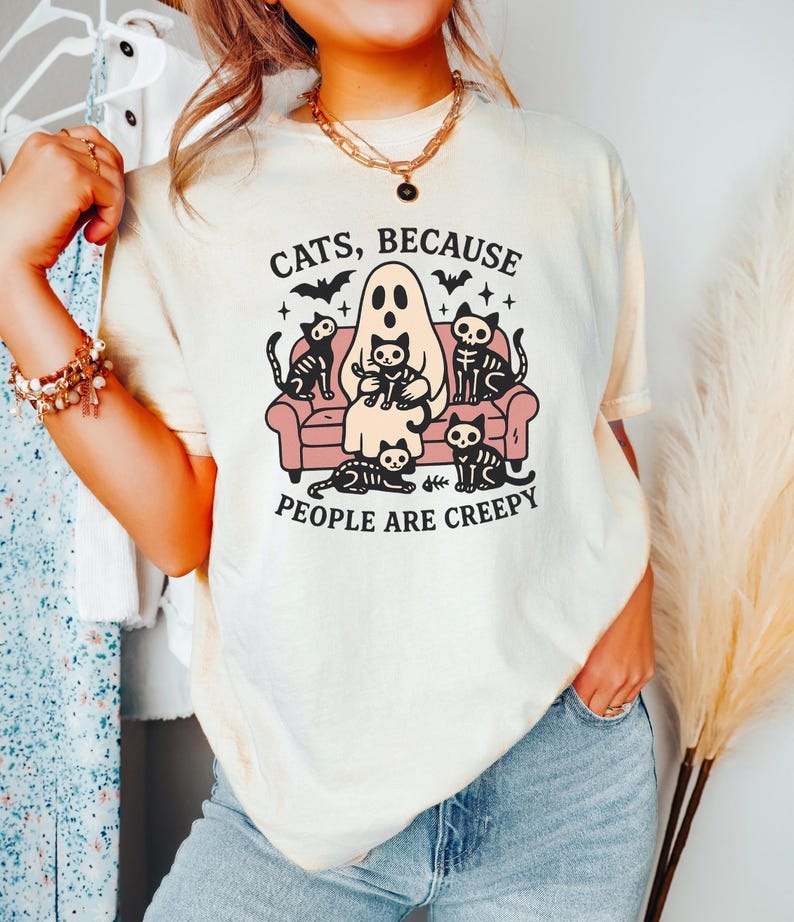 Cats Because People Are Creepy, Cats Lover T-shirt, Cute Ghost And Cats Halloween Shirt, Spooky Shirt, Cute Ghost Cats Tee