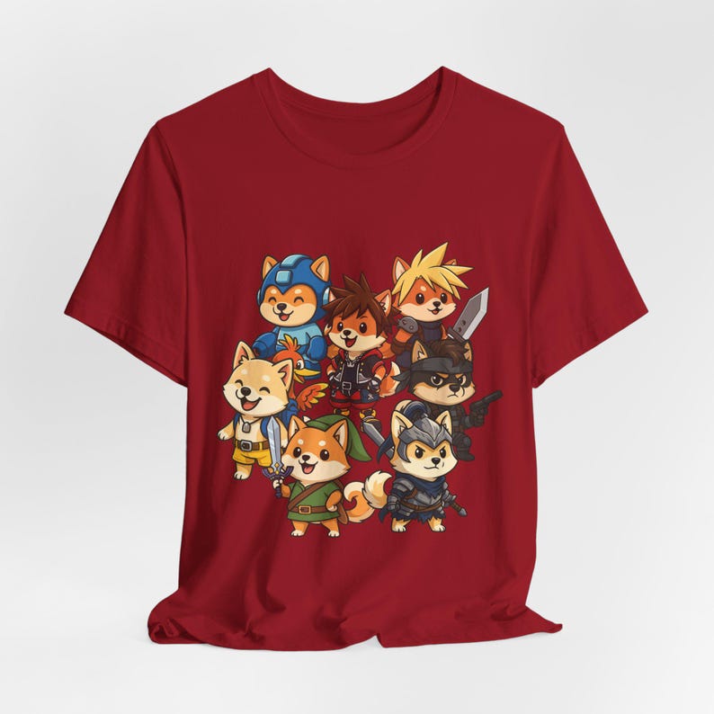 Chibi Shiba Inu Gamer Shirt, Pawty Up! Tee Featuring Link, Cloud, Mega Man, Funny Cosplay Dog Shirt, Geeky Gift for Gamers, Dog Lovers