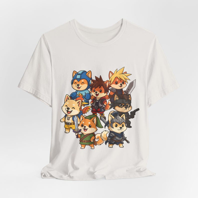 Chibi Shiba Inu Gamer Shirt, Pawty Up! Tee Featuring Link, Cloud, Mega Man, Funny Cosplay Dog Shirt, Geeky Gift for Gamers, Dog Lovers