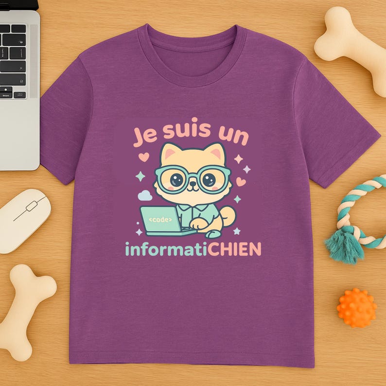 Kawaii chibi dog 'Je suis un informatiCHIEN' Shirt – Cute Programmer Dog T-Shirt –French Pun Shirt for Tech Lovers & Dog Parents–Unisex Tee