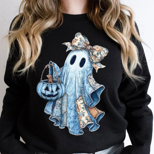 Retro Halloween Blue Denim Ghost Shirt, Trendy Patchwork Spooky Ghost Shirt, Cute Boo Ghost Coquette Sweatshirt