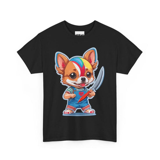 Chibi Chihuahua Dog with Knife Cute but Creepy Cartoon Style Funny Pet Art T-Shirt for Dog Lovers Horror Fans and Unique Streetwear