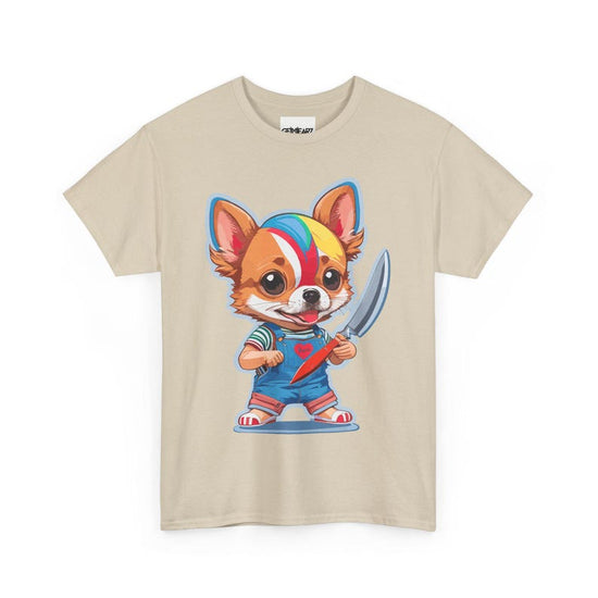 Chibi Chihuahua Dog with Knife Cute but Creepy Cartoon Style Funny Pet Art T-Shirt for Dog Lovers Horror Fans and Unique Streetwear