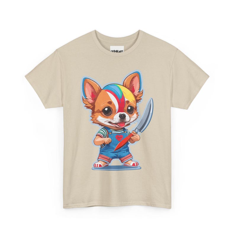 Chibi Chihuahua Dog with Knife Cute but Creepy Cartoon Style Funny Pet Art T-Shirt for Dog Lovers Horror Fans and Unique Streetwear