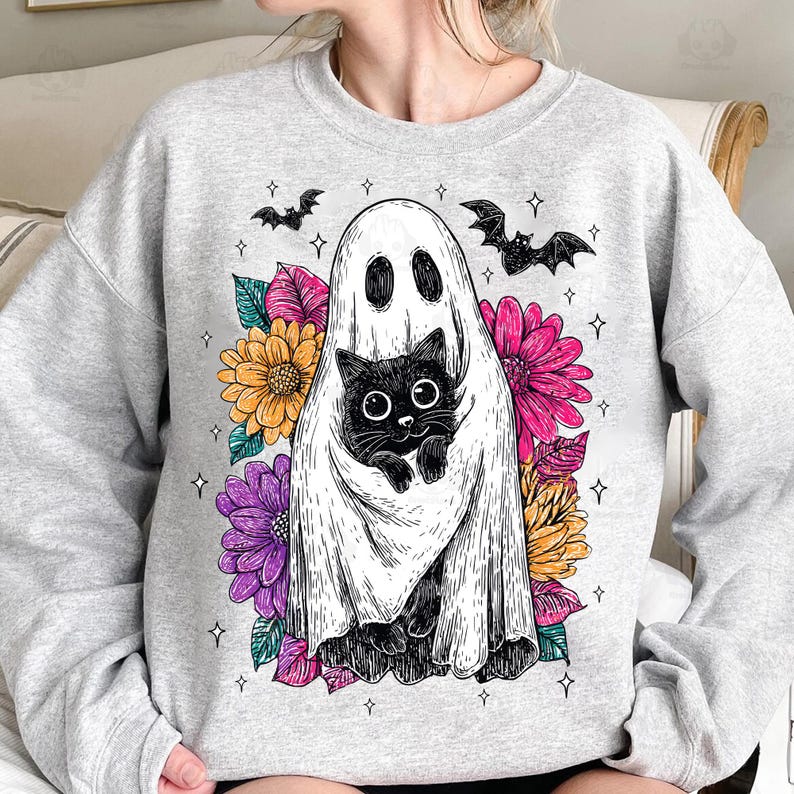 Retro Halloween Ghost And Cat, Spooky Ghost, Preppy Floral Halloween Shirt, Sweatshirt