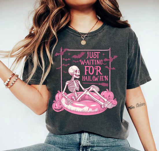 Just Waiting for Halloween Shirt, Funny Skeleton Pumpkin Shirt, Spooky Fall Graphic Shirt, Retro Halloween T-Shirt for Her