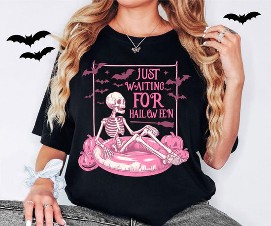 Just Waiting for Halloween Shirt, Funny Skeleton Pumpkin Shirt, Spooky Fall Graphic Shirt, Retro Halloween T-Shirt for Her