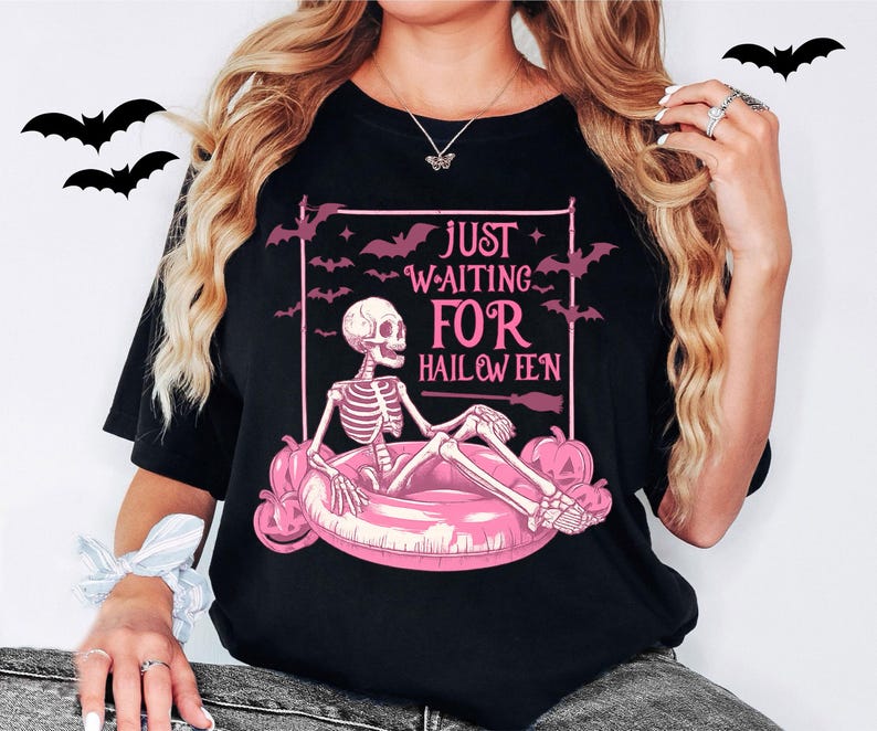 Just Waiting for Halloween Shirt, Funny Skeleton Pumpkin Shirt, Spooky Fall Graphic Shirt, Retro Halloween T-Shirt for Her