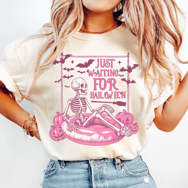 Just Waiting for Halloween Shirt, Funny Skeleton Pumpkin Shirt, Spooky Fall Graphic Shirt, Retro Halloween T-Shirt for Her