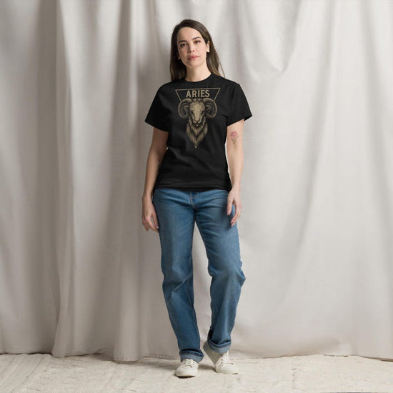 Gothic Aries Zodiac T-Shirt – Vintage Tattoo Style Ram Design | March 21 - April 20 | Astrological Graphic Tee | Aries Birthday Gift