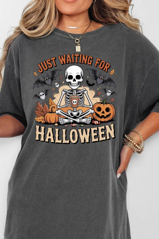 Just Waiting for Halloween Shirt, Funny Skeleton Pumpkin Shirt, Spooky Fall Graphic Shirt, Retro Halloween T-Shirt for Her.