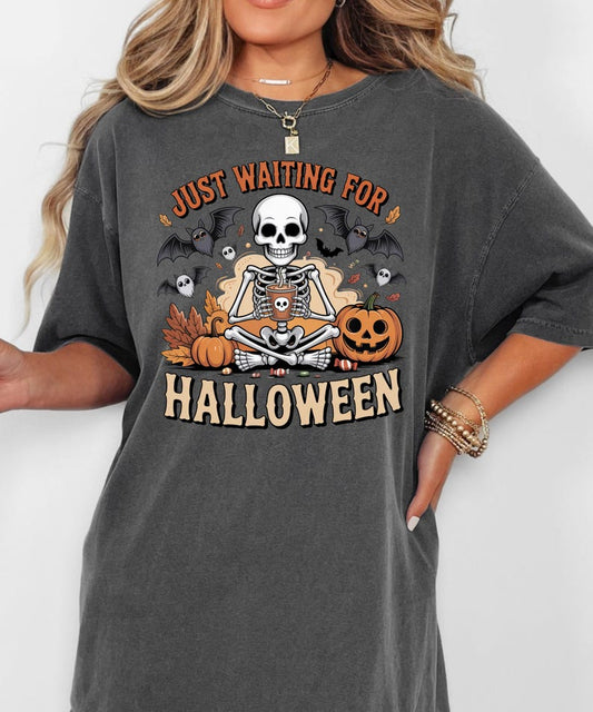 Just Waiting for Halloween Shirt, Funny Skeleton Pumpkin Shirt, Spooky Fall Graphic Shirt, Retro Halloween T-Shirt for Her.
