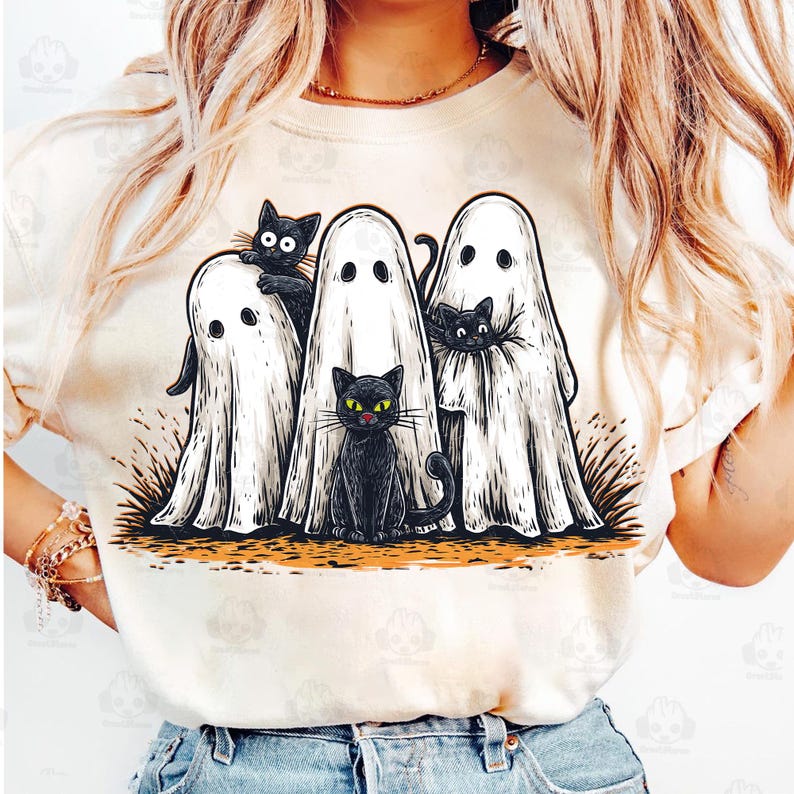Retro Halloween Ghost And Cat, Spooky Ghost Shirt, T-Shirt