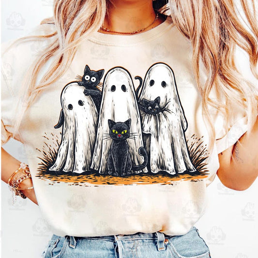 Retro Halloween Ghost And Cat, Spooky Ghost Shirt, T-Shirt
