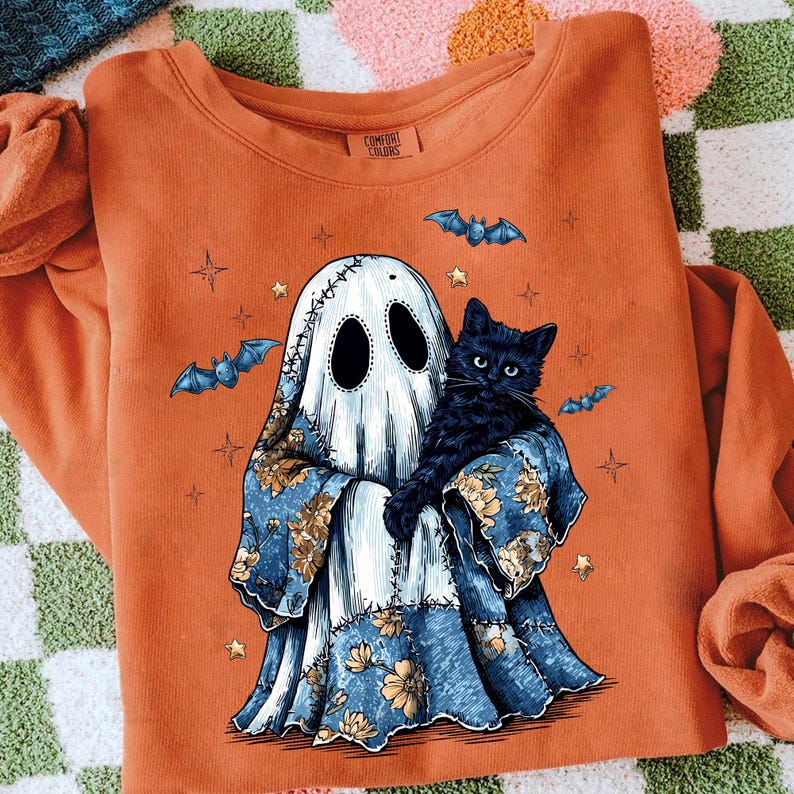 Retro Halloween Ghost And Cat, Retro Halloween Blue Denim Ghost, Trendy Patchwork Spooky Ghost Shirt, Sweatshirt