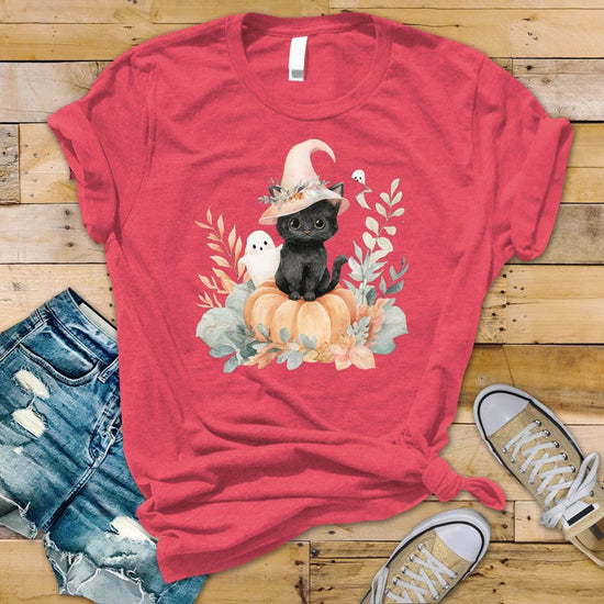 Adorable Halloween Black Cat & Ghost Pumpkin T-Shirt | Spooky Cute Kitty Tee