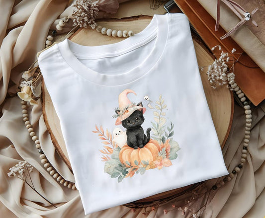 Adorable Halloween Black Cat & Ghost Pumpkin T-Shirt | Spooky Cute Kitty Tee